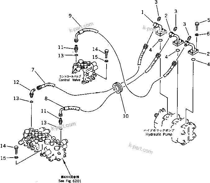 Komatsu parts book diagram for PC15T-2 S/N 2001-UP: HYDRAULIC PIPING (PUMP TO VALVE) (FOR JAPAN) (FOR ASIA)