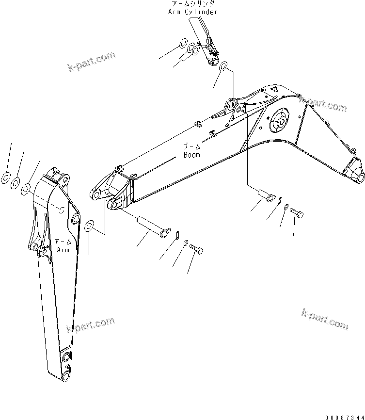 Komatsu parts book diagram for PC160LC-7E0 S/N 20001-UP (TIER 3): BOOM (TOP PIN AND BOTTOM PIN) (1 ATTACHMENT) (100H GREASING) (FOR KAL)(#20102-)