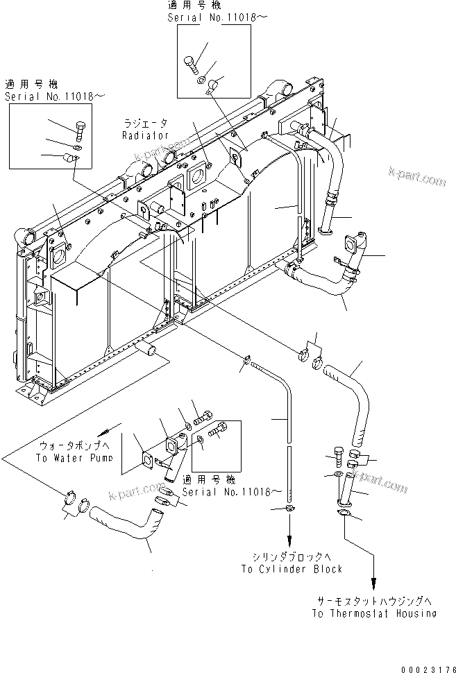 Komatsu parts book diagram for PC1800-6-M1 S/N 10001-UP: COOLING (RADIATOR PIPING)(#11002-)