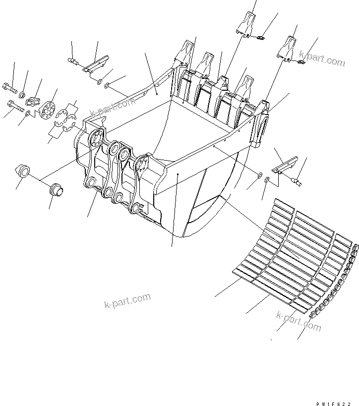 Komatsu parts book diagram for PC1800-6-M1 S/N 10001-UP: BUCKET (9.6M3) (HORIZONTAL PIN TYPE) (TYPE E)(#11002-)