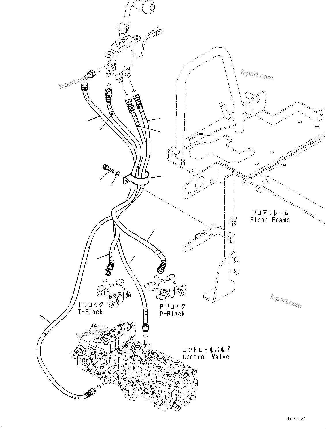 Komatsu parts book diagram for PC18MR-5 S/N F10001 AND UP: FLOOR FRAME WITH PROPORTIONAL AND QUICK COUPLER, BLADE CONTROL PIPING