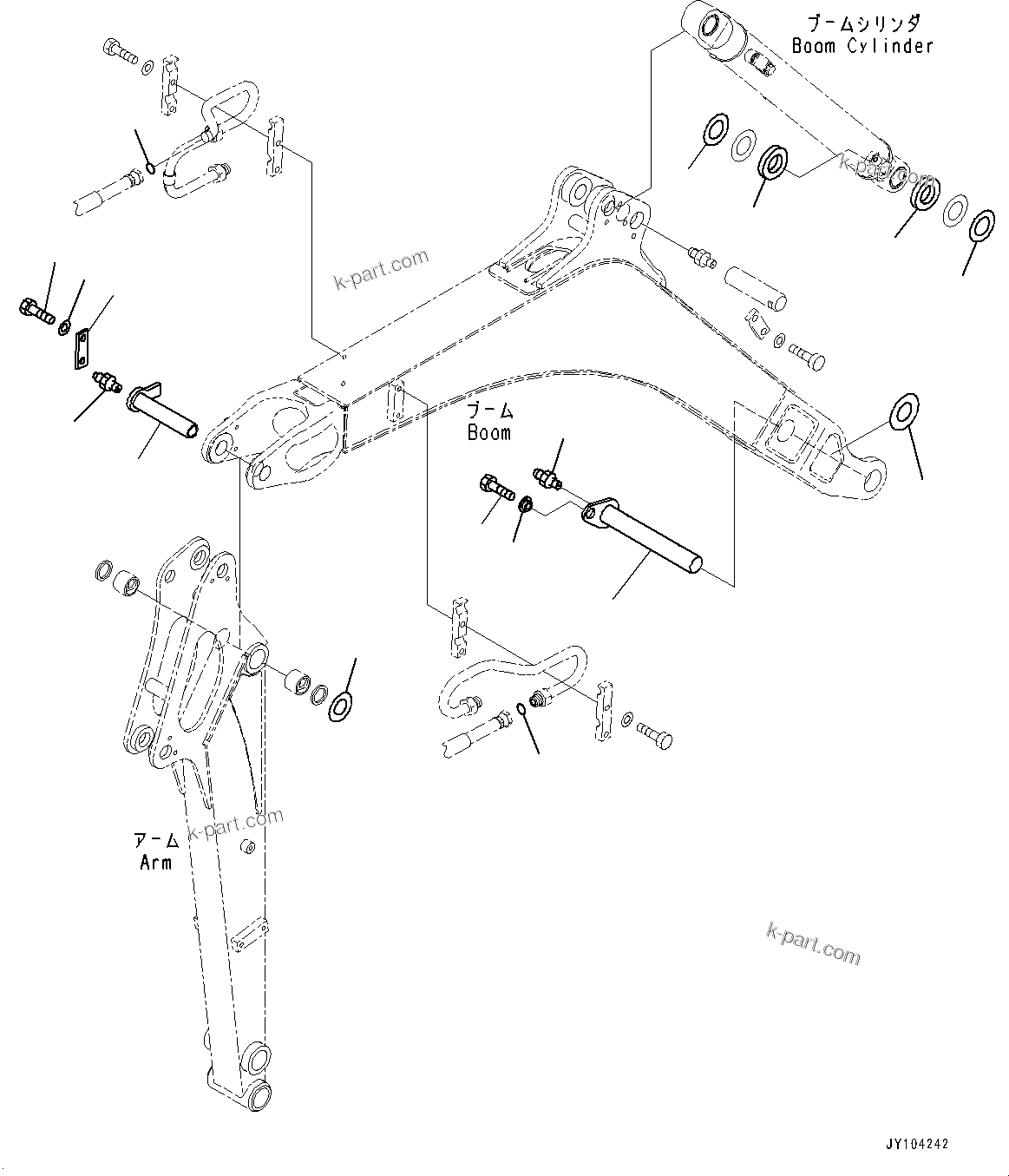 Komatsu parts book diagram for PC18MR-5 S/N F10001 AND UP: BOOM UNIT WITH QUICK COUPLER, PIN, BOOM CYLINDER AND ARM