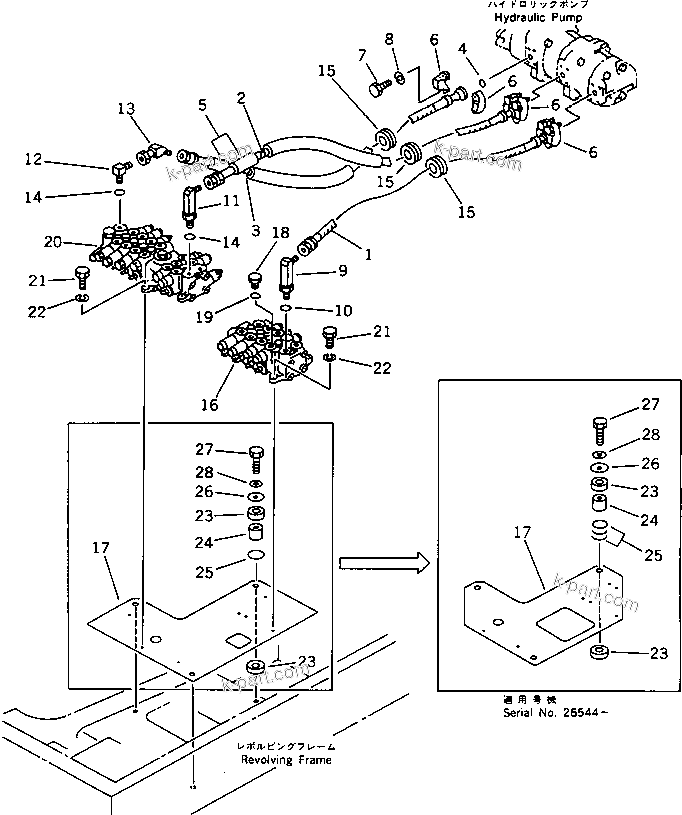 Komatsu parts book diagram for PC20-6 S/N 24001-UP: HYDRAULIC PIPING (PUMP TO VALVE) (FOR ATTACHMENT)