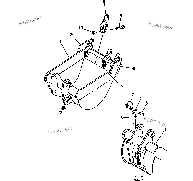 Komatsu parts book diagram for PC20-6 S/N 24001-UP: BUCKET 0.07M3 (MINI 0.12M3) WIDTH 450MM WITH HOOK (EXCEPT JAPAN)