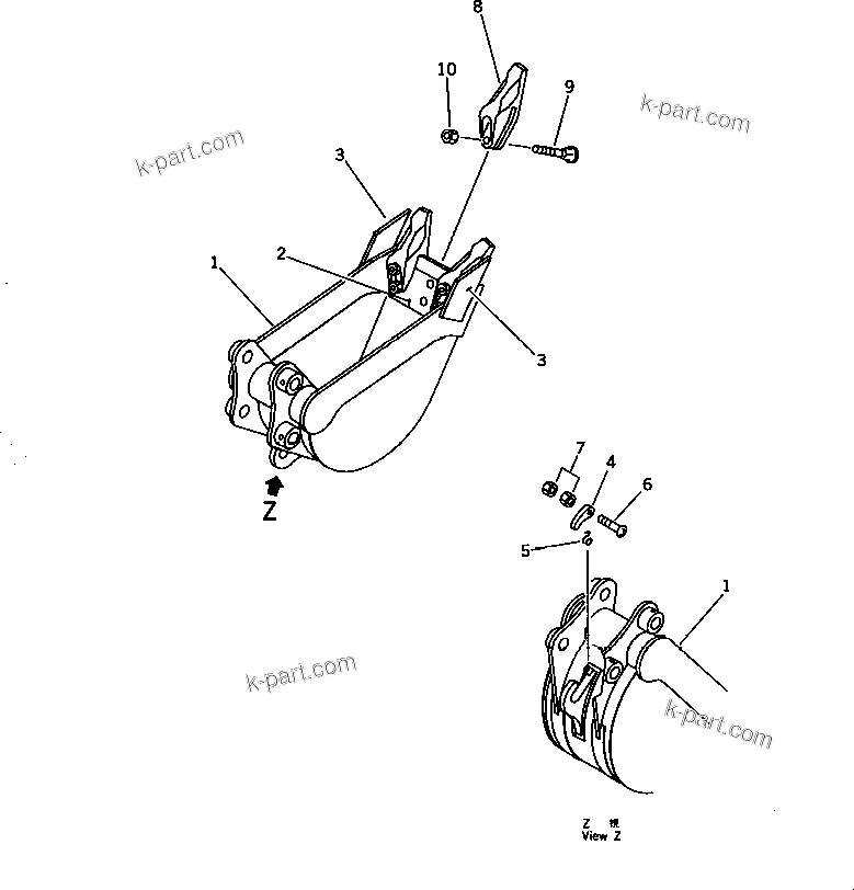 Komatsu parts book diagram for PC20-6 S/N 24001-UP: BUCKET 0.03M3 (MINI 0.06M3) WIDTH 250MM WITH HOOK (EXCEPT JAPAN)