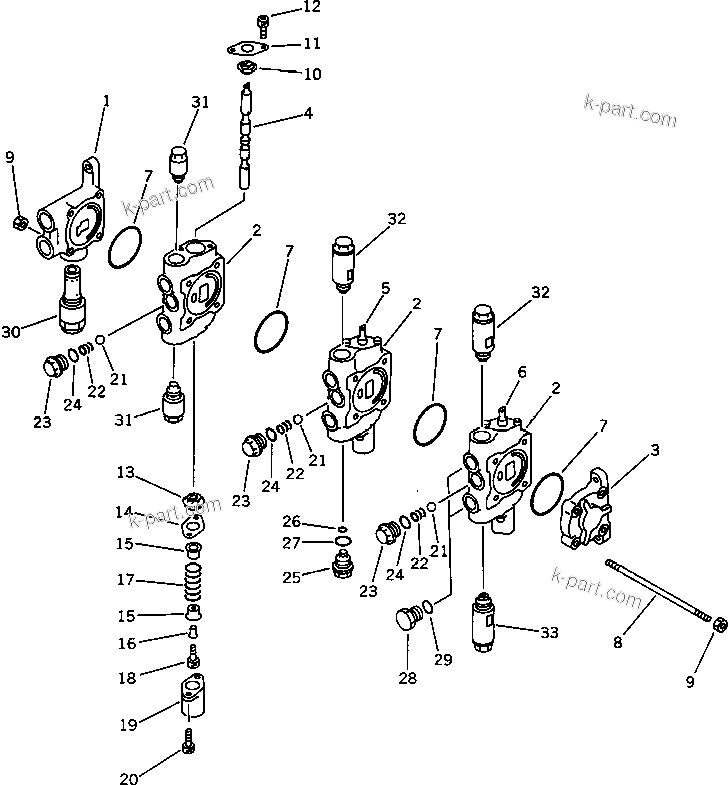 Komatsu parts book diagram for PC20-6 S/N 24001-UP: 3-SPOOL CONTROL VALVE (1/2) (FOR POWER TILT MECHANICAL ANGLE     DOZER)(#29361-)