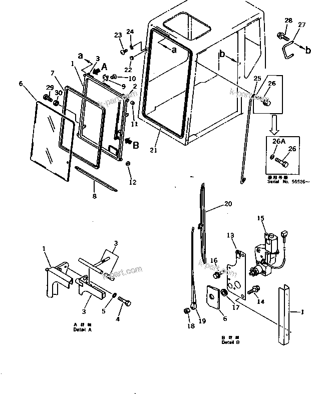 Komatsu parts book diagram for PC200-5 S/N 45001-UP: OPERATOR'S CAB (2/7) (FRONT WINDOW) (FOR U.S.A. AND CANADA)