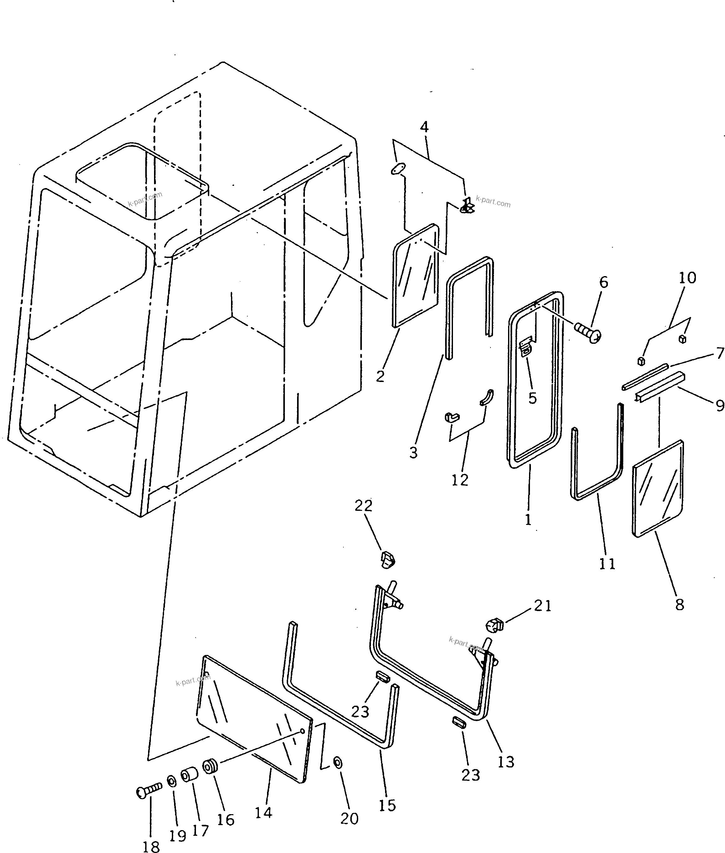 Komatsu parts book diagram for PC200-5 S/N 45001-UP: OPERATOR'S CAB (3/7) (FRONT AND R.H. SIDE WINDOW) (KSP SPEC.)