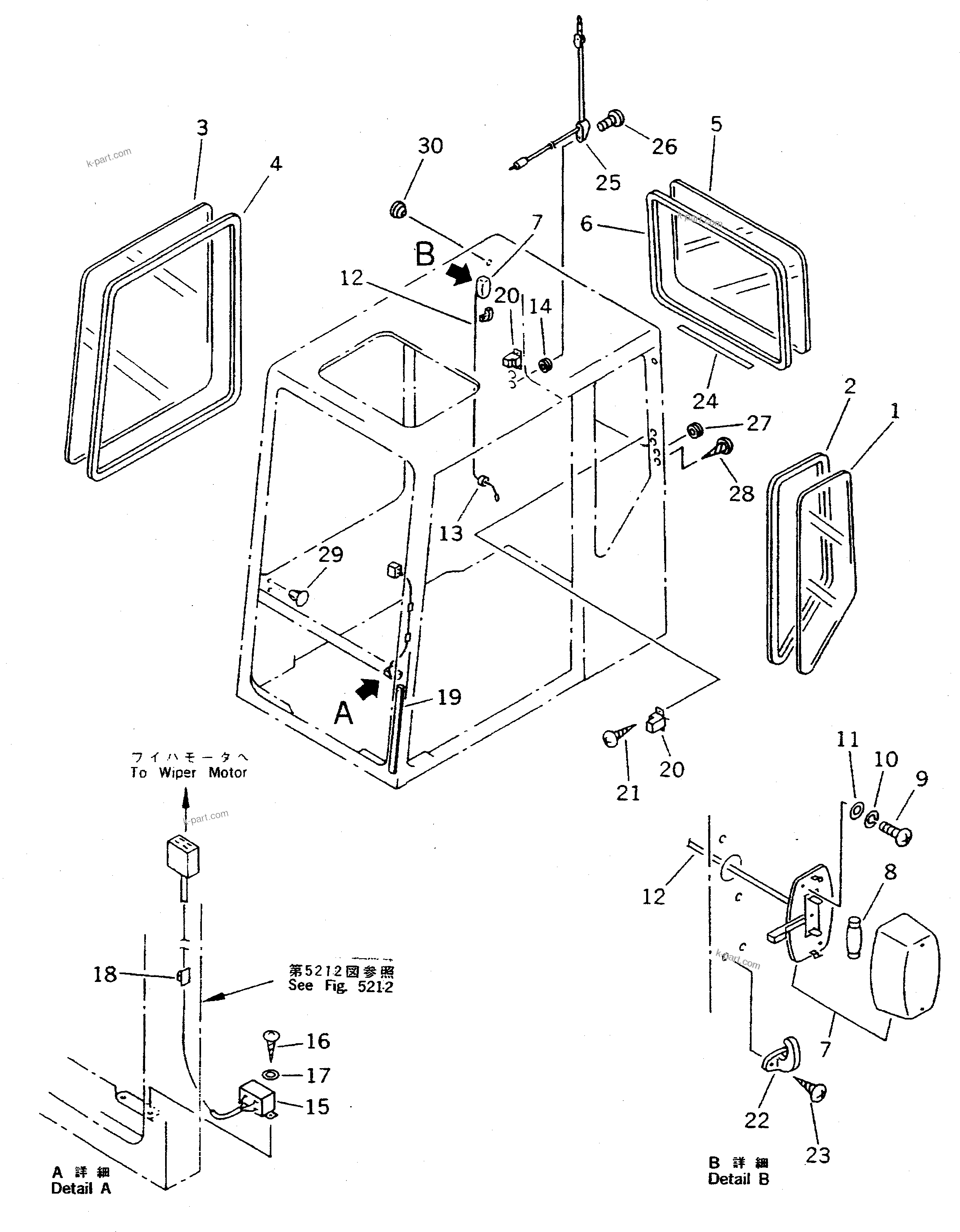 Komatsu parts book diagram for PC200-5 S/N 45001-UP: OPERATOR'S CAB (4/7) (SIDE AND REAR WINDOW) (FOR U.S.A. AND CANADA)