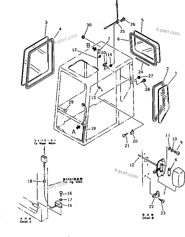 Komatsu parts book diagram for PC200-5 S/N 45001-UP: OPERATOR'S CAB (4/7) (SIDE AND REAR WINDOW) (FOR K.D.C.)