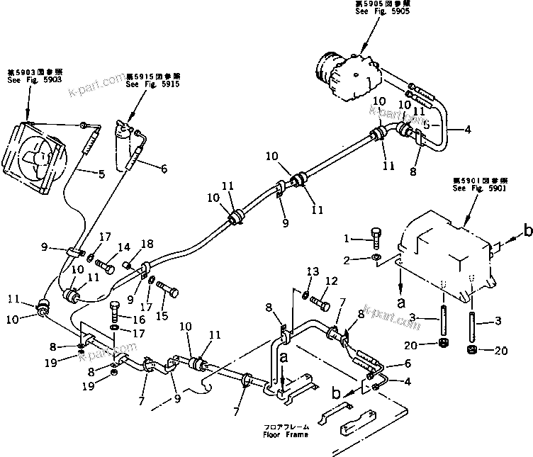 Komatsu parts book diagram for PC200-5 S/N 45001-UP: AIR CONDITIONER PIPING (COOLING)