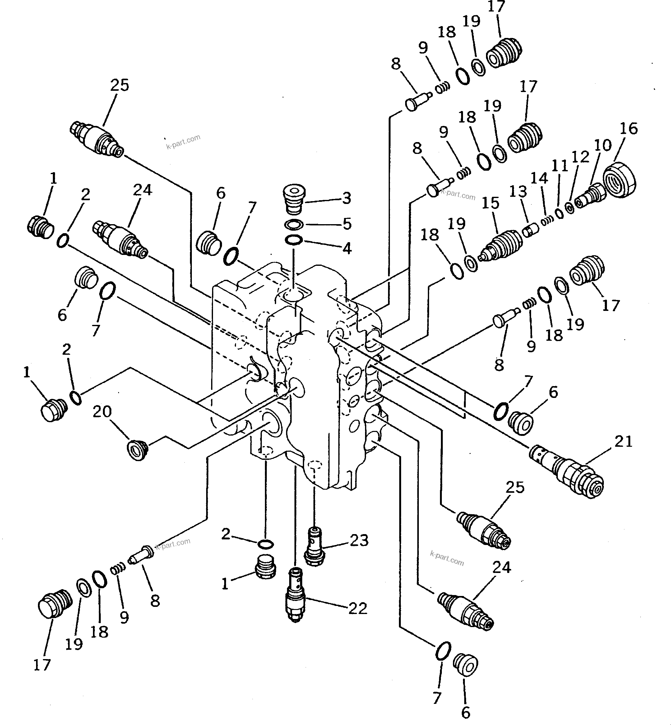 Komatsu parts book diagram for PC200-5 S/N 45001-UP: HYDRAULIC CONTROL VALVE (3/7) (FOR 2 VALVES)