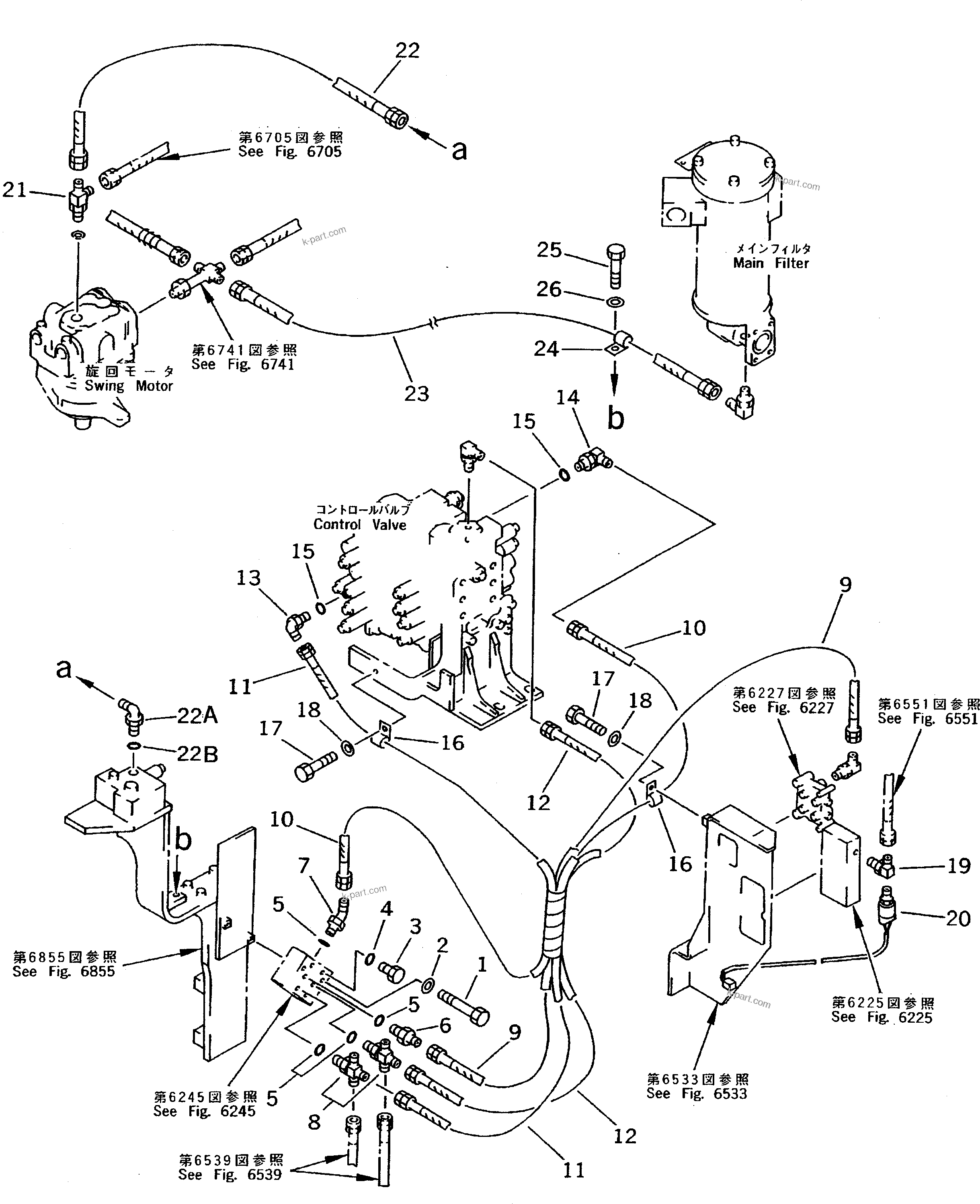 Komatsu parts book diagram for PC200-5 S/N 45001-UP: PILOT PIPING (SHUTTLE VALVE TO CONTROL VALVE) (2 VALVES) (#45001-57468 ?57493-58018)