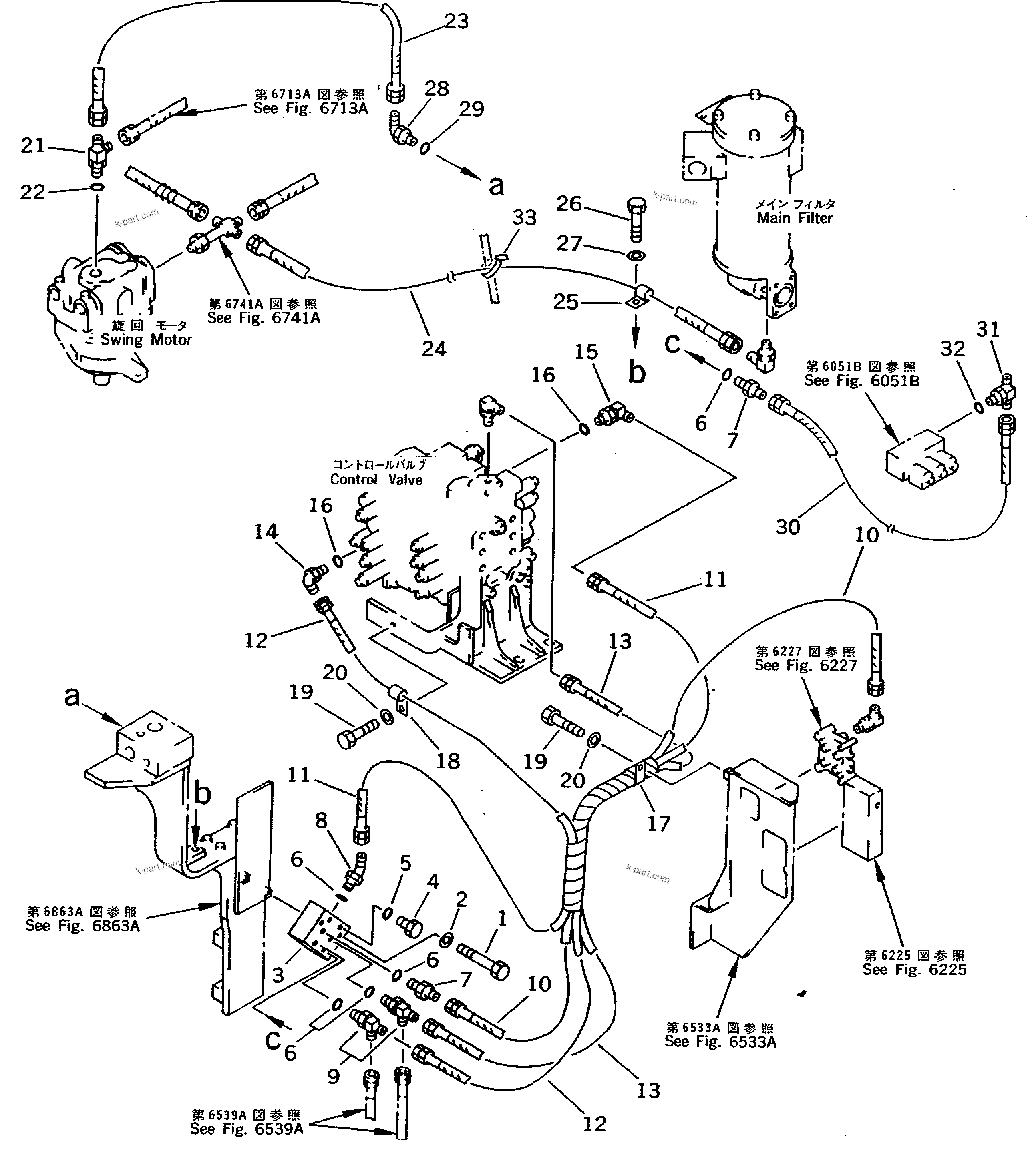 Komatsu parts book diagram for PC200-5 S/N 45001-UP: PILOT PIPING (SHUTTLE VALVE TO CONTROL VALVE) (FOR 1 PUMP) (#57469-57492 ?58019-)