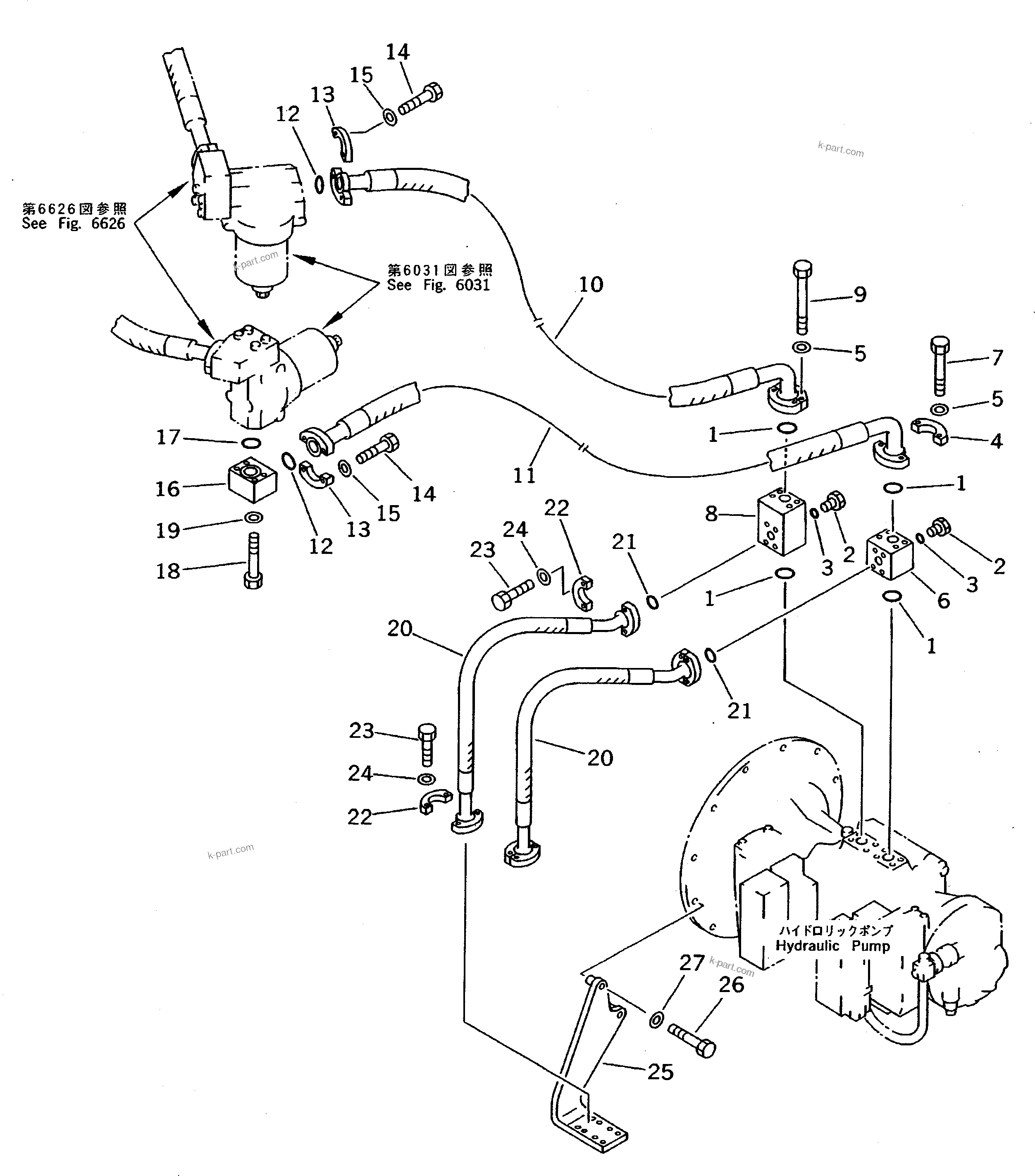 Komatsu parts book diagram for PC200-5 S/N 45001-UP: PUMP TO CONTROL VALVE PIPING (1/2) (WITH LINE FILTER)