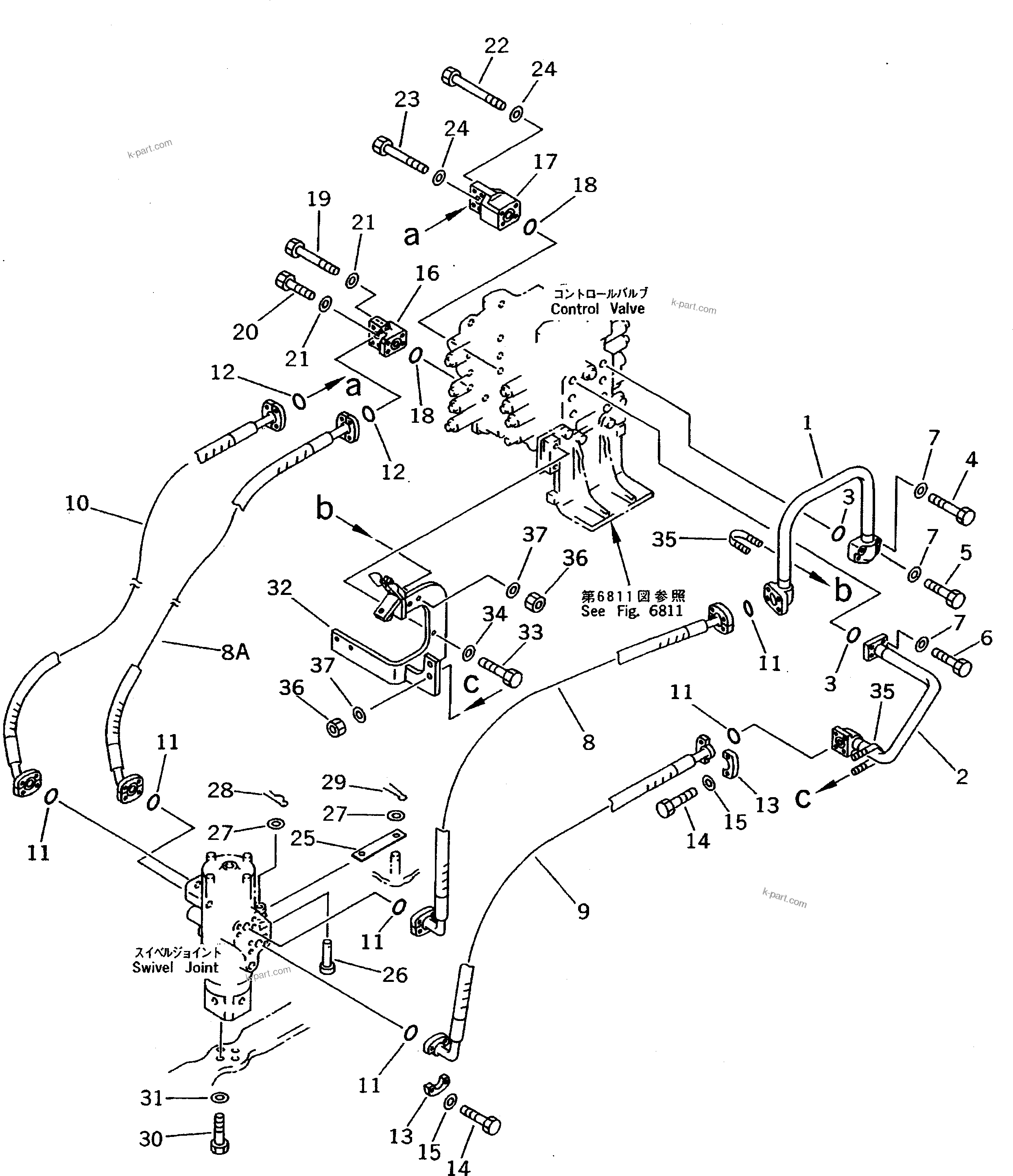 Komatsu parts book diagram for PC200-5 S/N 45001-UP: CONTROL VALVE TO SWIVEL JOINT PIPING