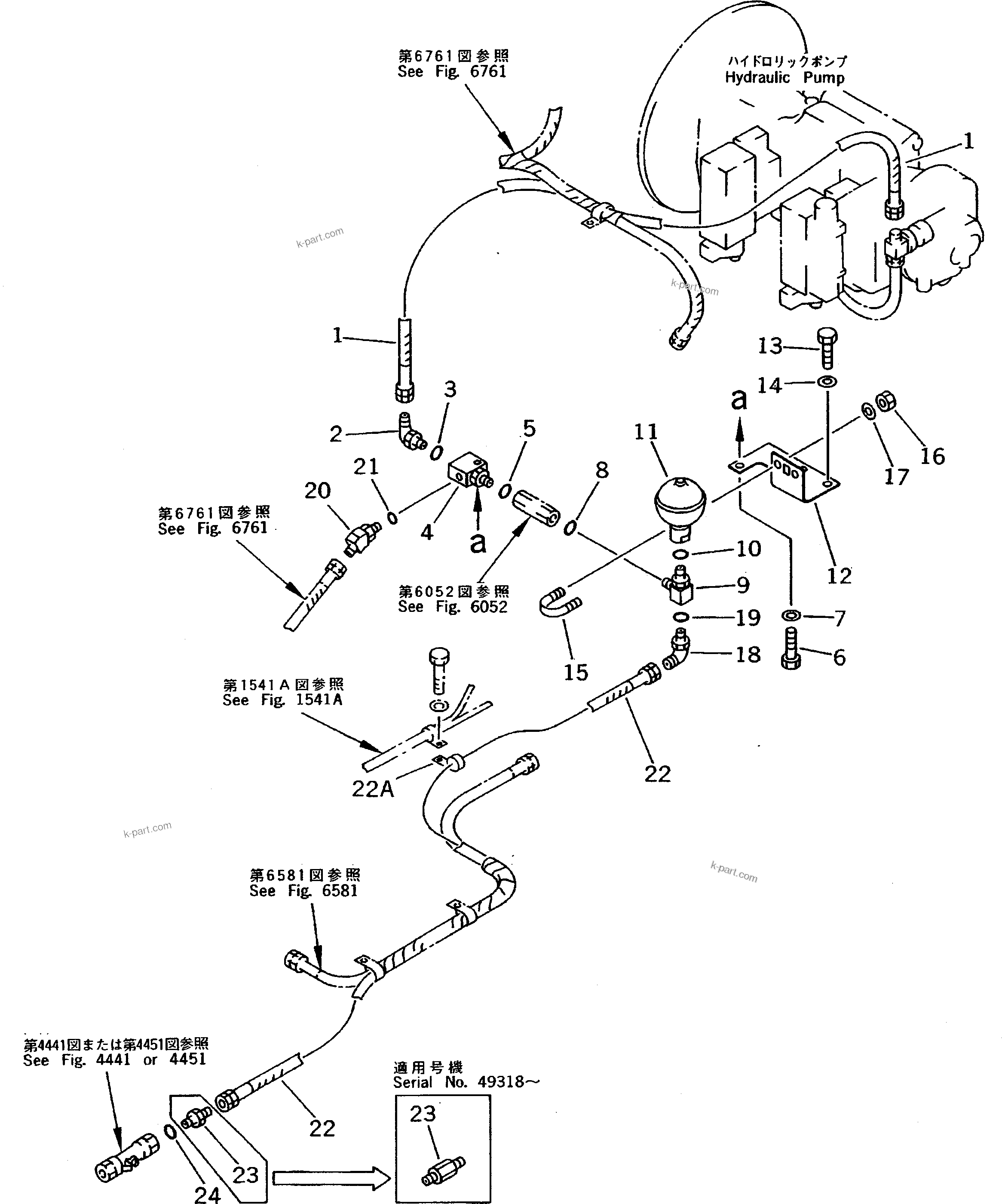 Komatsu parts book diagram for PC200-5 S/N 45001-UP: PUMP TO SAFETY LOCK VALVE PIPING