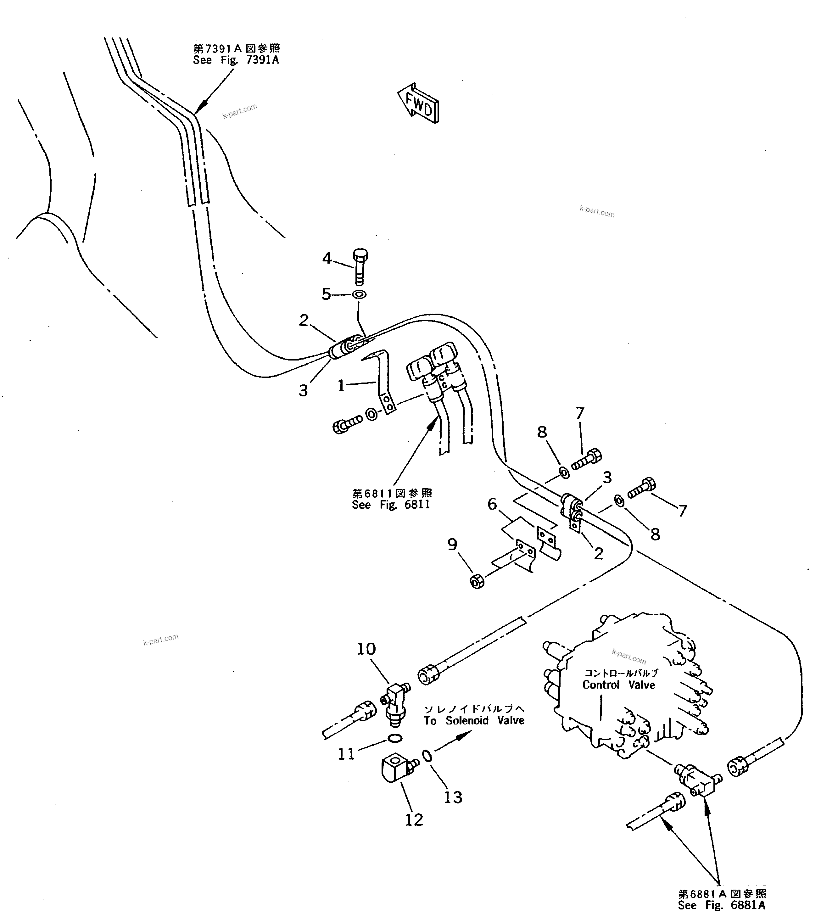 Komatsu parts book diagram for PC200-5 S/N 45001-UP: ARM CYLINDER LOCK VALVE PIPING (CHASSIS SIDE) (REXROTH)(#61958-)
