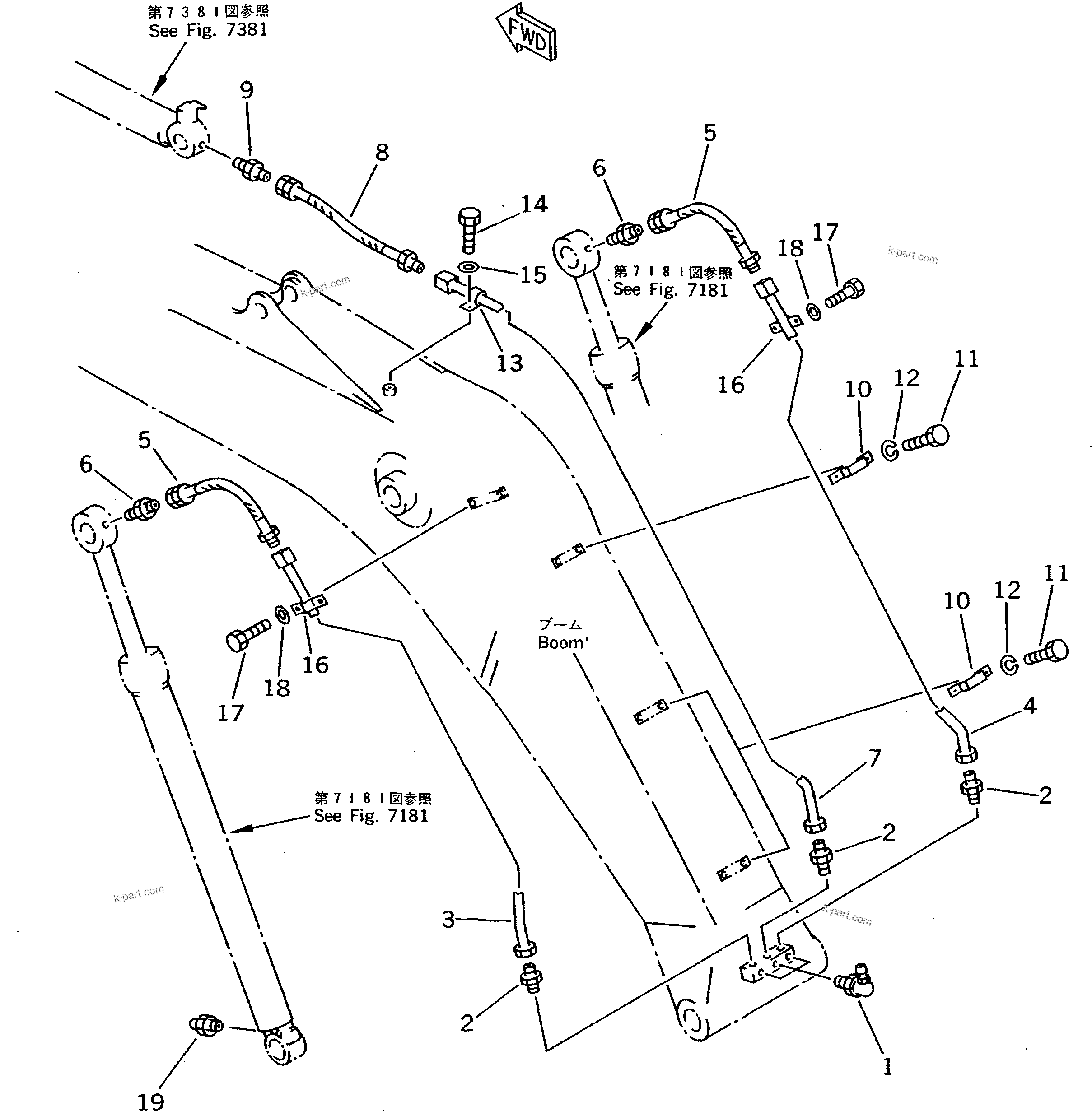 Komatsu parts book diagram for PC200-5 S/N 45001-UP: WORK EQUIPMENT LUBRICATION PIPING (BOOM SIDE)(#45001-52794)