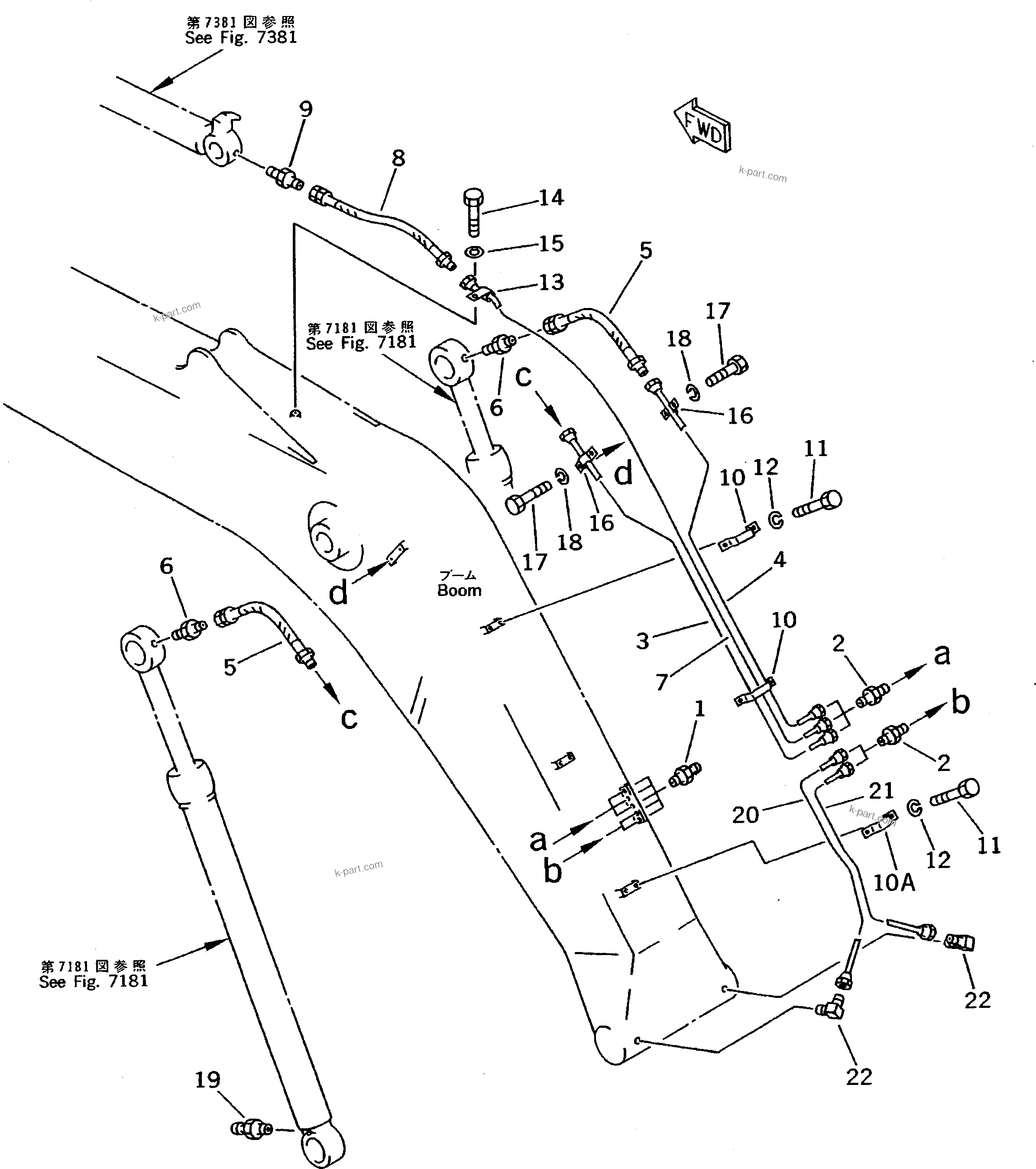 Komatsu parts book diagram for PC200-5 S/N 45001-UP: WORK EQUIPMENT LUBRICATION PIPING (BOOM SIDE) (#57469-57492 ?58019-)