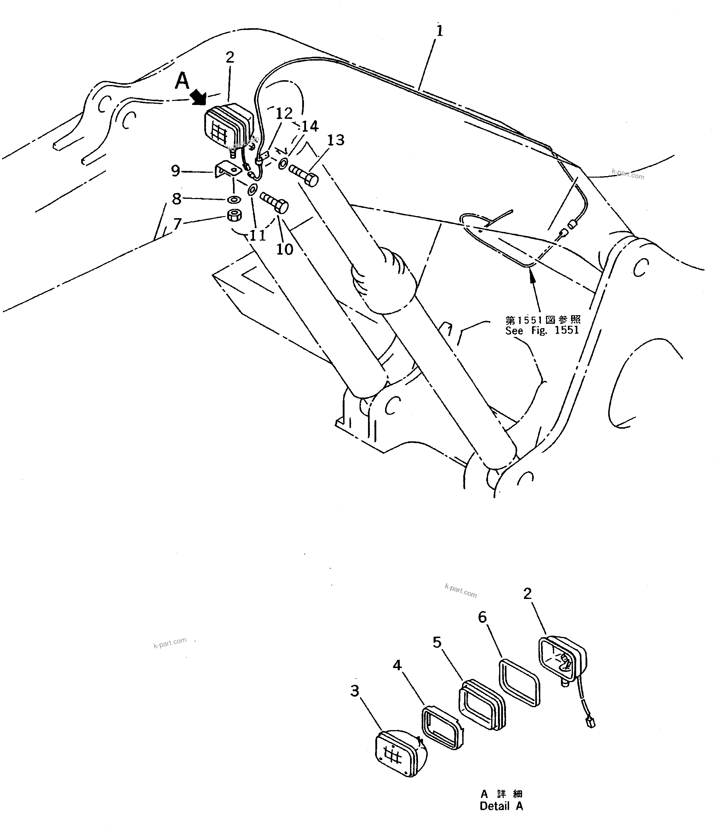 Komatsu parts book diagram for PC200-5 S/N 45001-UP: WORKING LAMP (BOOM SIDE) (FOR 50 FEET LONG FRONT)