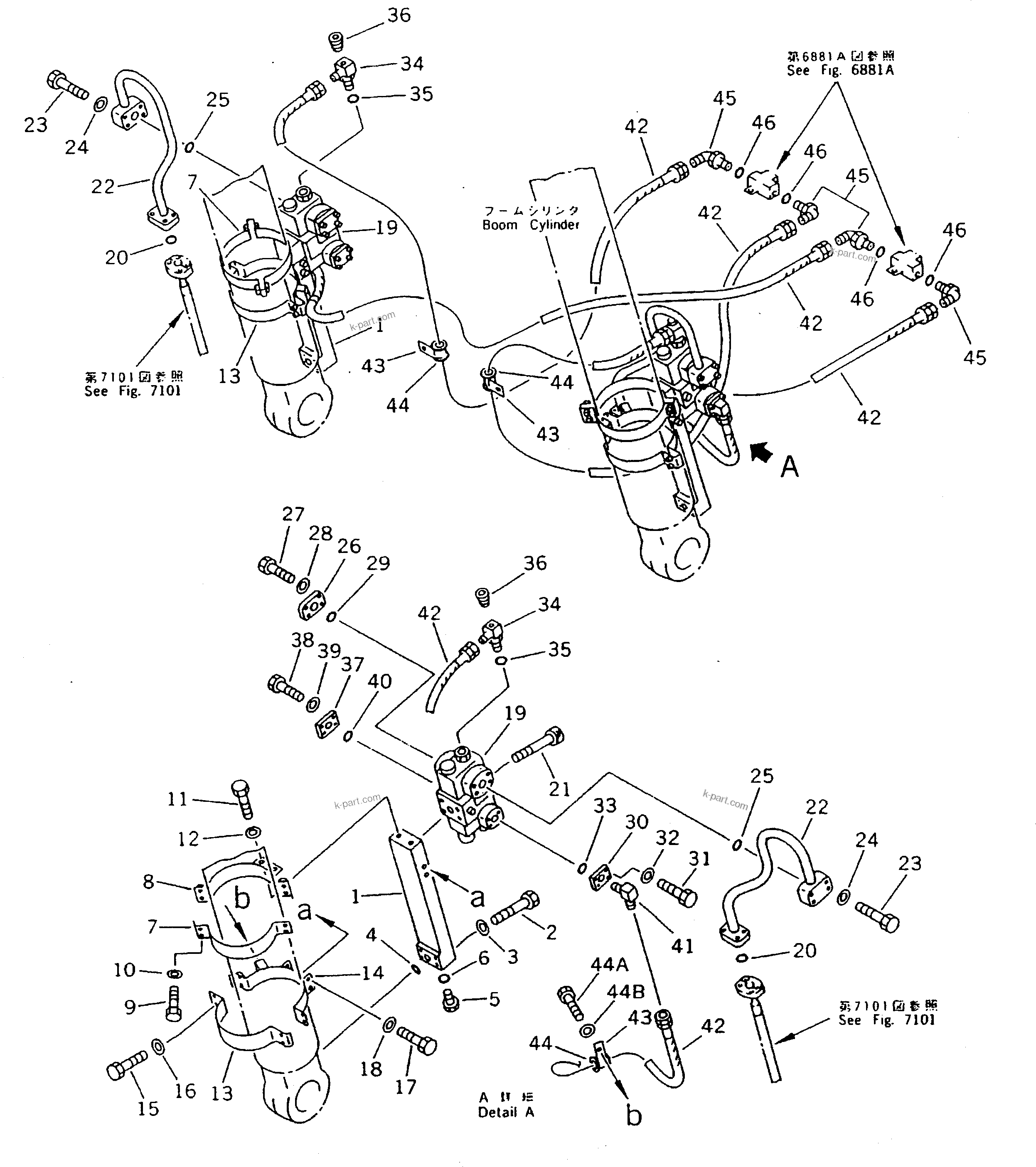 Komatsu parts book diagram for PC200-5 S/N 45001-UP: BOOM CYLINDER LOCK VALVE PIPING (ATTACHMENT SIDE) (REXROTH)(#61958-)