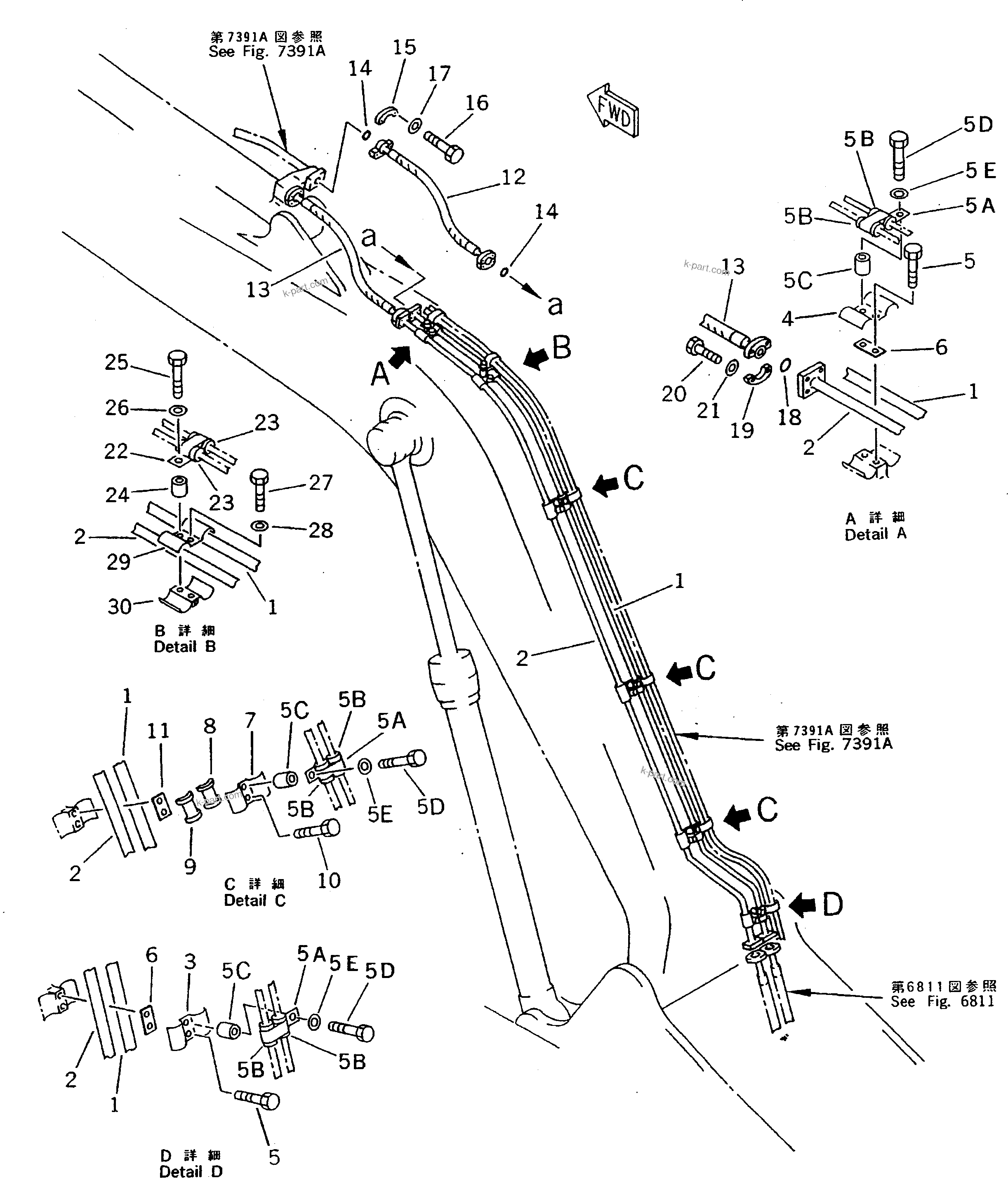Komatsu parts book diagram for PC200-5 S/N 45001-UP: ARM CYLINDER PIPING (ATTACHMENT SIDE) (WITH CYLINDER LOCK VALVE) (REXROTH)(#61958-)