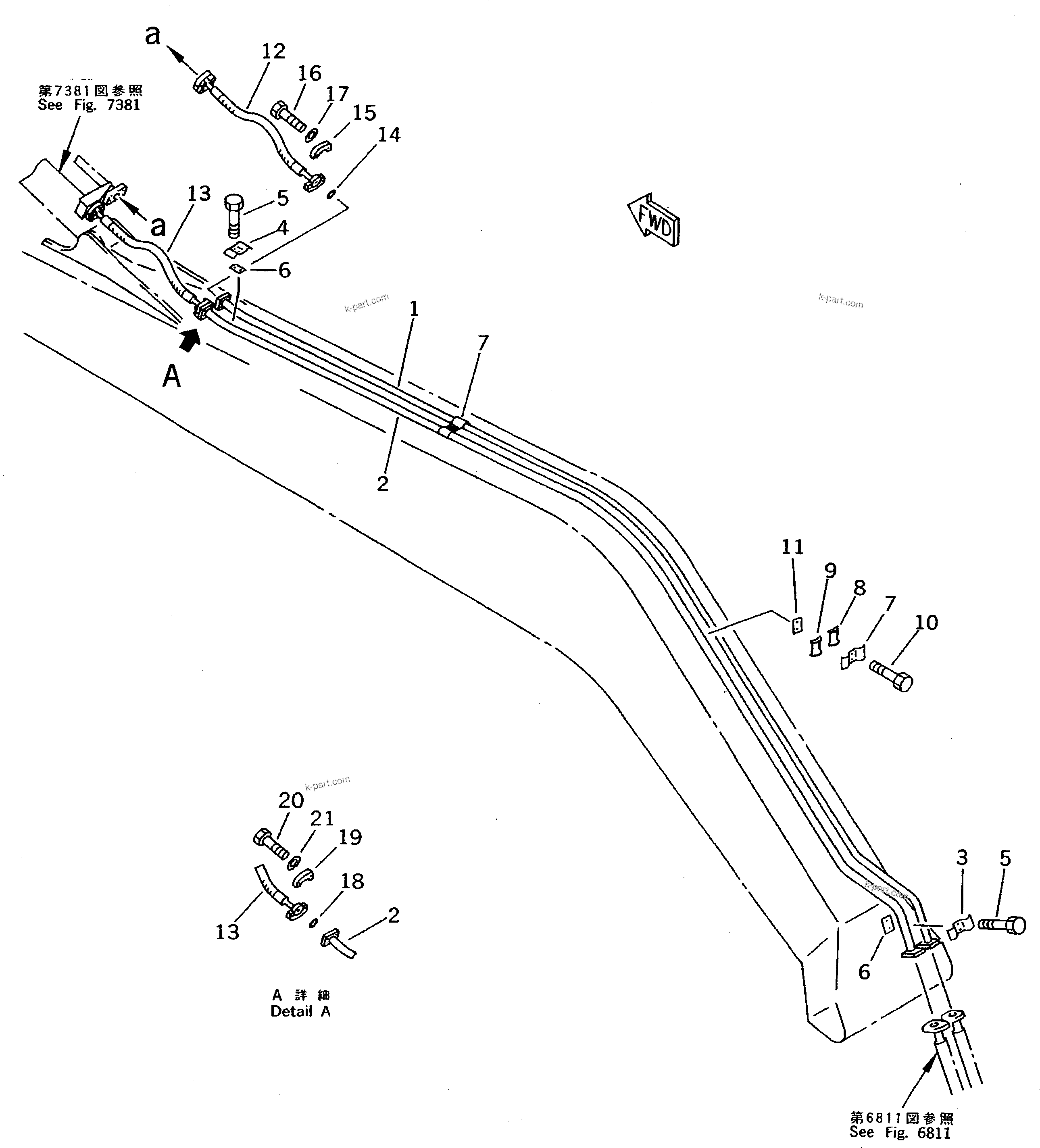 Komatsu parts book diagram for PC200-5 S/N 45001-UP: ARM CYLINDER PIPING (ATTACHMENT SIDE) (FOR 50 FEET LONG FRONT)