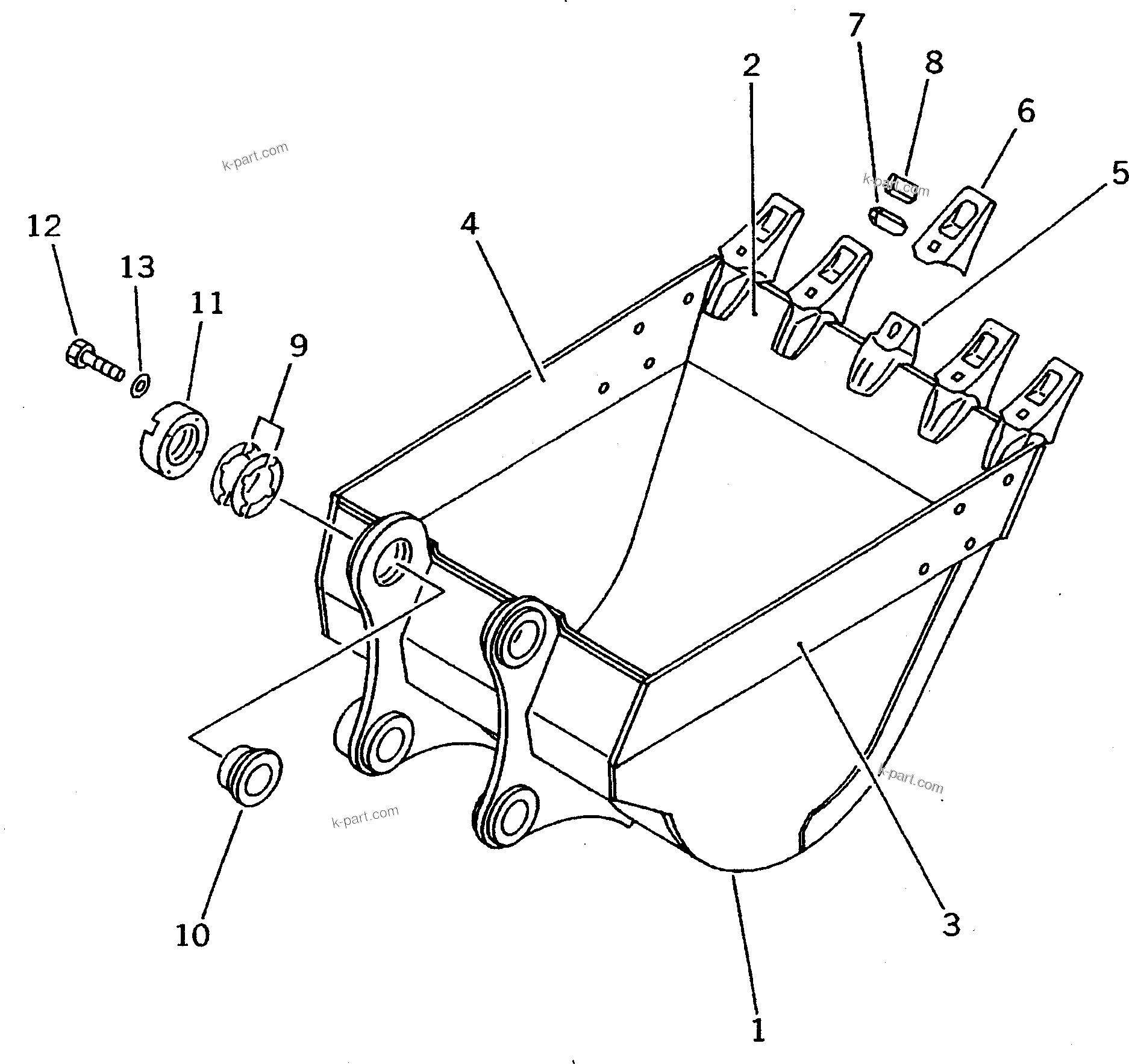 Komatsu parts book diagram for PC200-5 S/N 45001-UP: BUCKET 0.7M3 ? 1045MM (VERTICAL PIN TYPE)(#45001-69157)