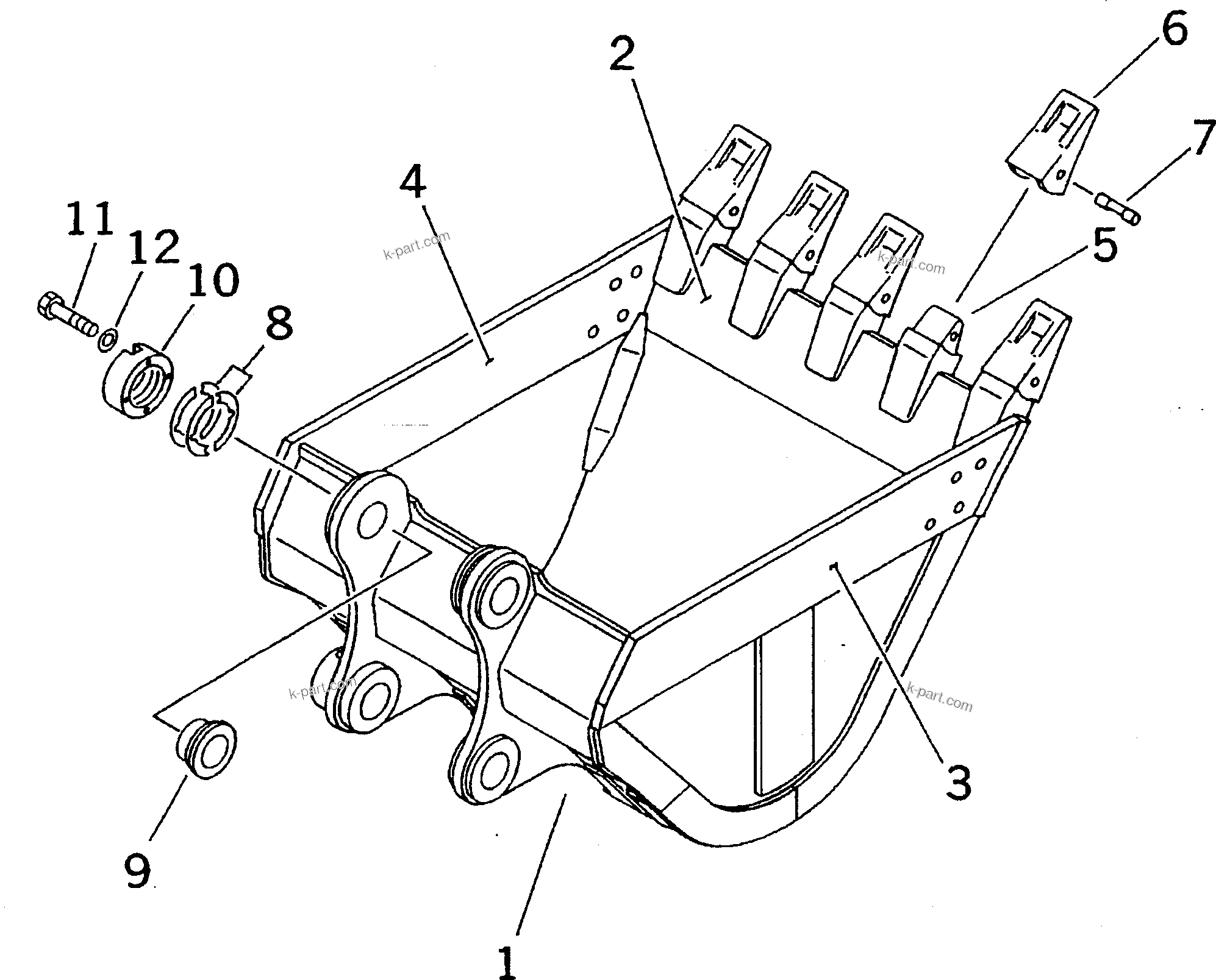 Komatsu parts book diagram for PC200-5 S/N 45001-UP: BUCKET 0.7M3 ? 1045MM (HEAVY DUTY) (HORIZONTAL PIN TYPE)(#69158-)