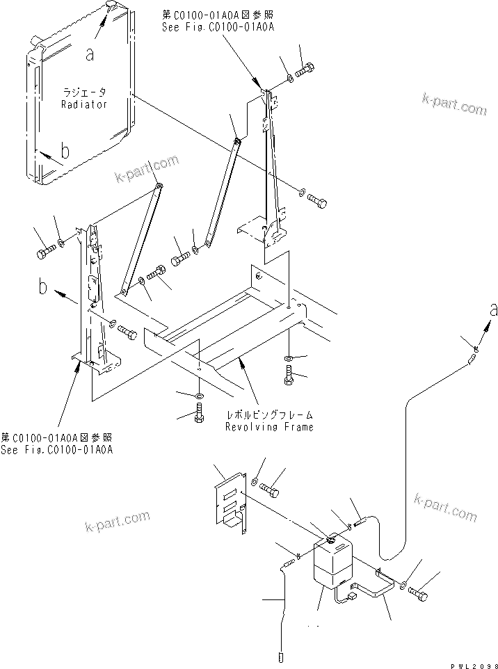 Komatsu parts book diagram for PC200EL-6K S/N K30001-UP: COOLING (SUB TANK AND RADIATOR MOUNT) (RIGID TYPE OIL COOLER)(#K32001-)