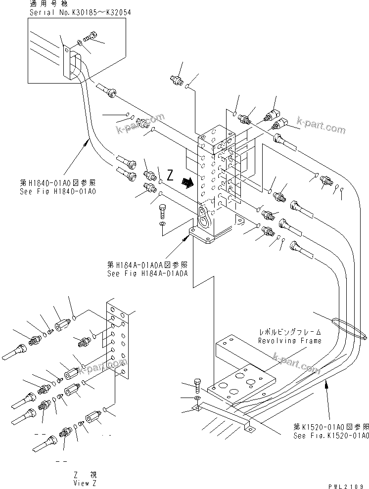 Komatsu parts book diagram for PC200EL-6K S/N K30001-UP: SHUTTLE VALVE (CONNECTING PARTS)(#K32001-)