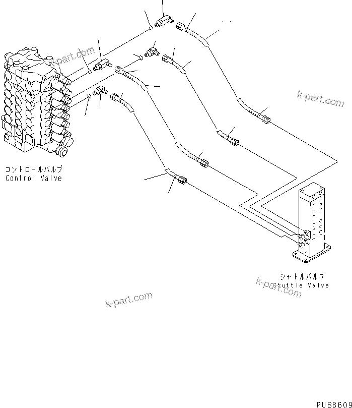 Komatsu parts book diagram for PC200EL-6K S/N K30001-UP: SHUTTLE VALVE LINE (TRAVEL PIPING)
