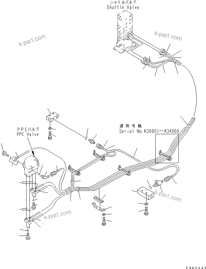 Komatsu parts book diagram for PC200EL-6K S/N K30001-UP: PPC TRAVEL LINES