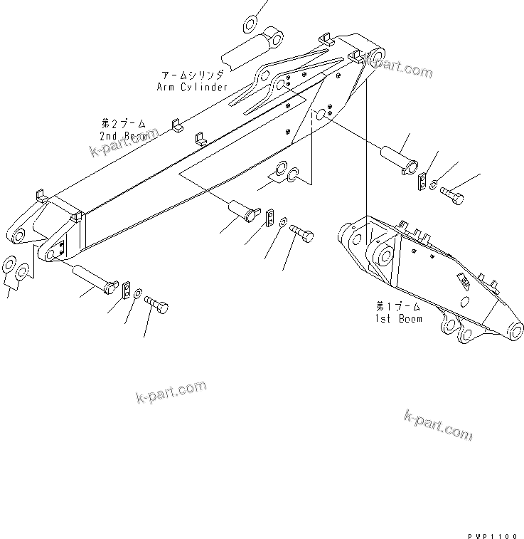 Komatsu parts book diagram for PC200EL-6K S/N K30001-UP: SECOND BOOM (PIN) (FOR 2-PIECE BOOM)