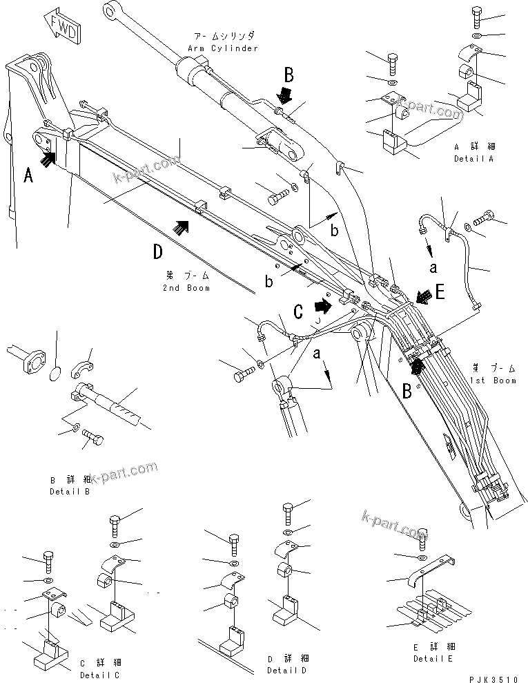 Komatsu parts book diagram for PC200EL-6K S/N K30001-UP: SECOND BOOM PIPING (FOR 2-PIECE BOOM)(#K32283-)