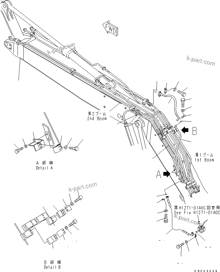 Komatsu parts book diagram for PC200EL-6K S/N K30001-UP: FIRST BOOM ADDITIONAL PIPING (FOR 2-PIECE BOOM)(#K32376-)