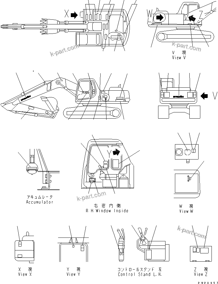 Komatsu parts book diagram for PC200EL-6K S/N K30001-UP: DECAL AND PLATE (ENGLISH)(#K34001-)