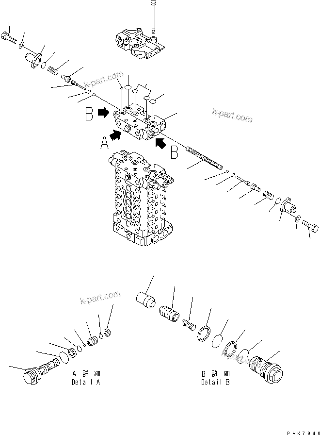 Komatsu parts book diagram for PC200EL-6K S/N K30001-UP: MAIN VALVE (11/12) (2-ACTUATOR) (FOR 2-PIECE BOOM)