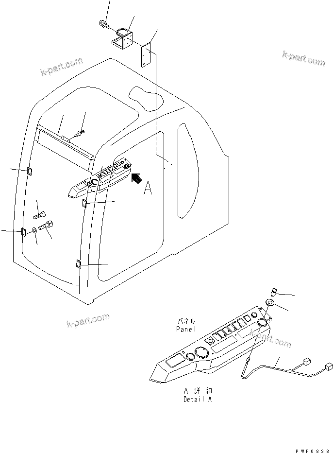 Komatsu parts book diagram for PC200EN-6K S/N K30001-UP: SUN VISOR ? POWER SUPPLY AND CUP HOLDER(#K34001-)