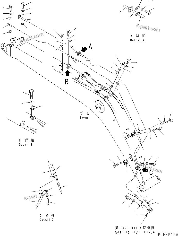 Komatsu parts book diagram for PC200EN-6K S/N K30001-UP: BOOM (ADDITIONAL PIPING) (FOR BREAKER)(#K30015-K30124)