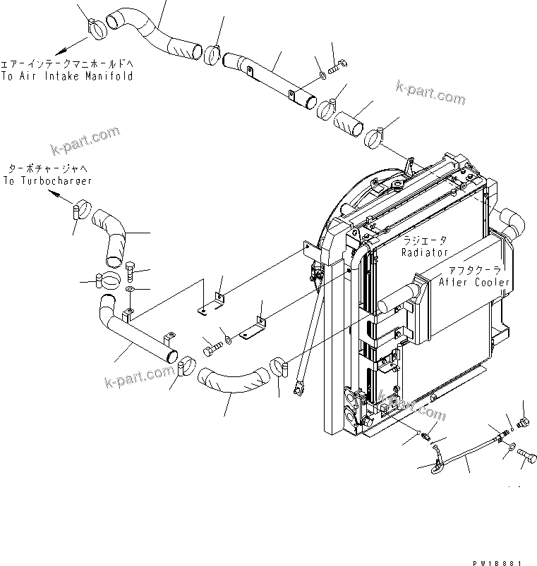 Komatsu parts book diagram for PC200LC-7-BP S/N 200001-UP: COOLING (AFTER COOLER PIPING) (WITH AIR CONDITIONER)(#200001-250000)