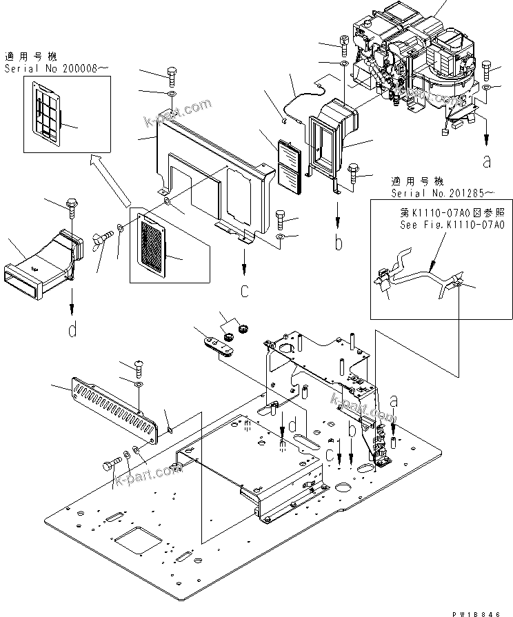 Komatsu parts book diagram for PC200LC-7-BP S/N 200001-UP: FLOOR FRAME (AIR CONDITIONER AND FOOT COVER)(#200001-250000)