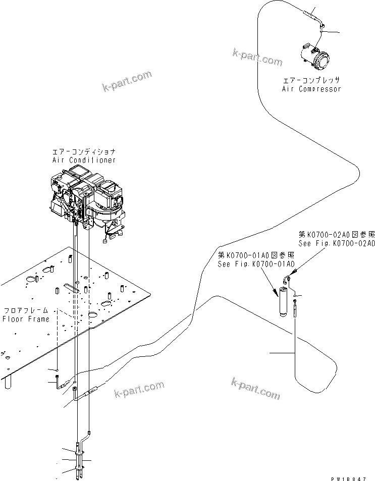 Komatsu parts book diagram for PC200LC-7-BP S/N 200001-UP: FLOOR FRAME (AIR CONDITIONER HOSE)(#200001-250000)