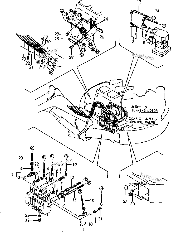 Komatsu parts book diagram for PC20FR-2 S/N 20001-UP: HYDRAULIC PIPING (MAIN LINE) (PUMP-VALVE-MOTOR ?BOOM)