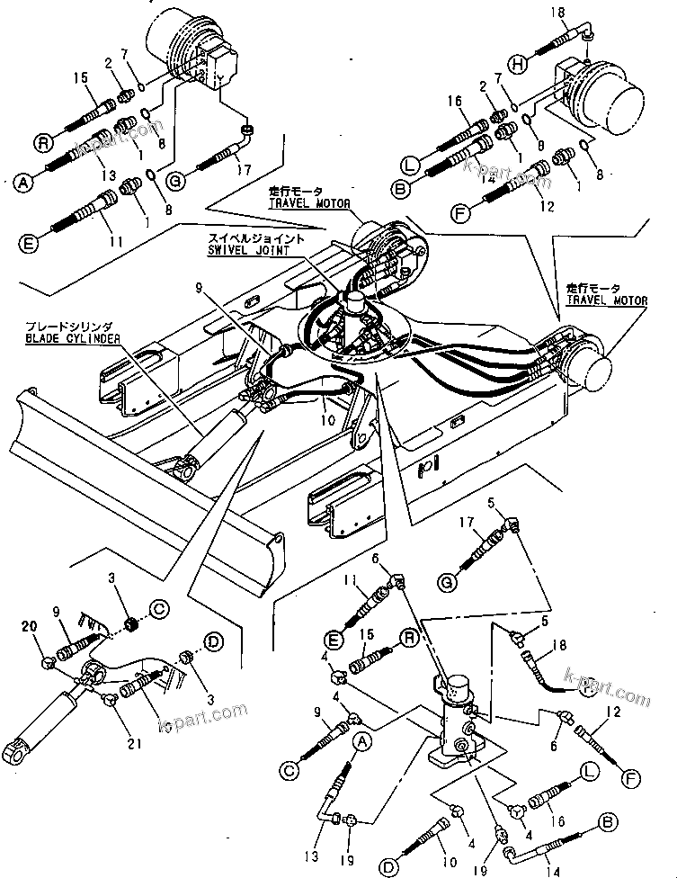Komatsu parts book diagram for PC20FR-2 S/N 20001-UP: HYDRAULIC PIPING (FOR TRAVEL MOTOR AND BLADE LINE) (LOWER)