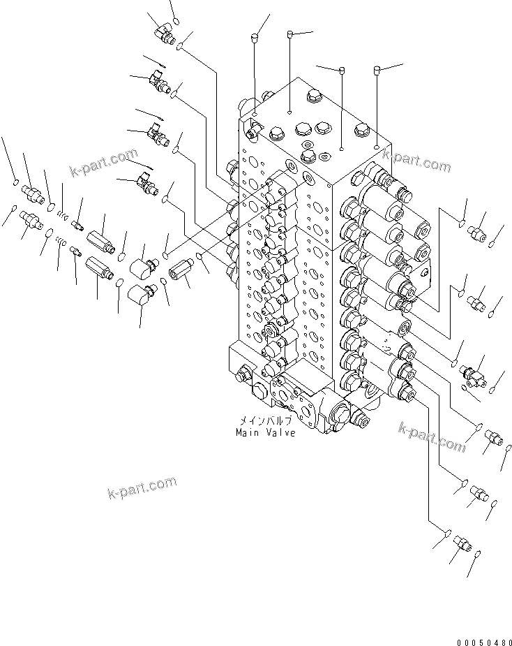 Komatsu parts book diagram for PC210NLC-8K S/N K50001-UP: MAIN VALVE (CONNECTING PARTS) (1/2) (9-SPOOL) (FOR 2-PIECE BOOM, 2-ATTACHMENT)
