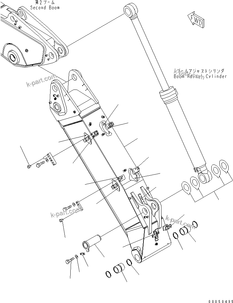 Komatsu parts book diagram for PC210NLC-8K S/N K50001-UP: 2-PIECE BOOM (1ST BOOM AND ADJUST CYLINDER PIN)