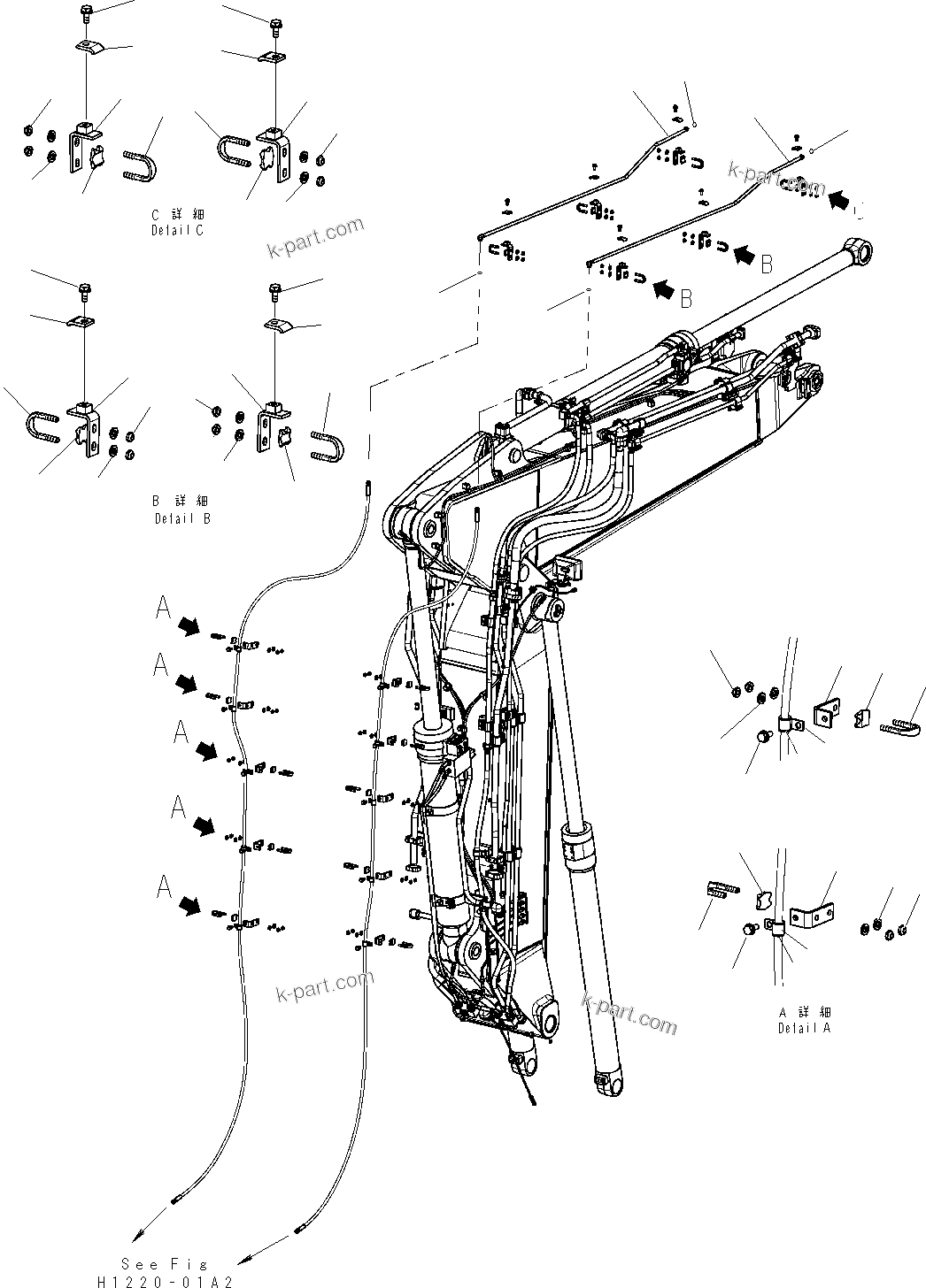 Komatsu parts book diagram for PC210NLC-8K S/N K50001-UP: 2-PIECE BOOM (QUICK COUPLER) (PIPING) (#K50598-K52274)