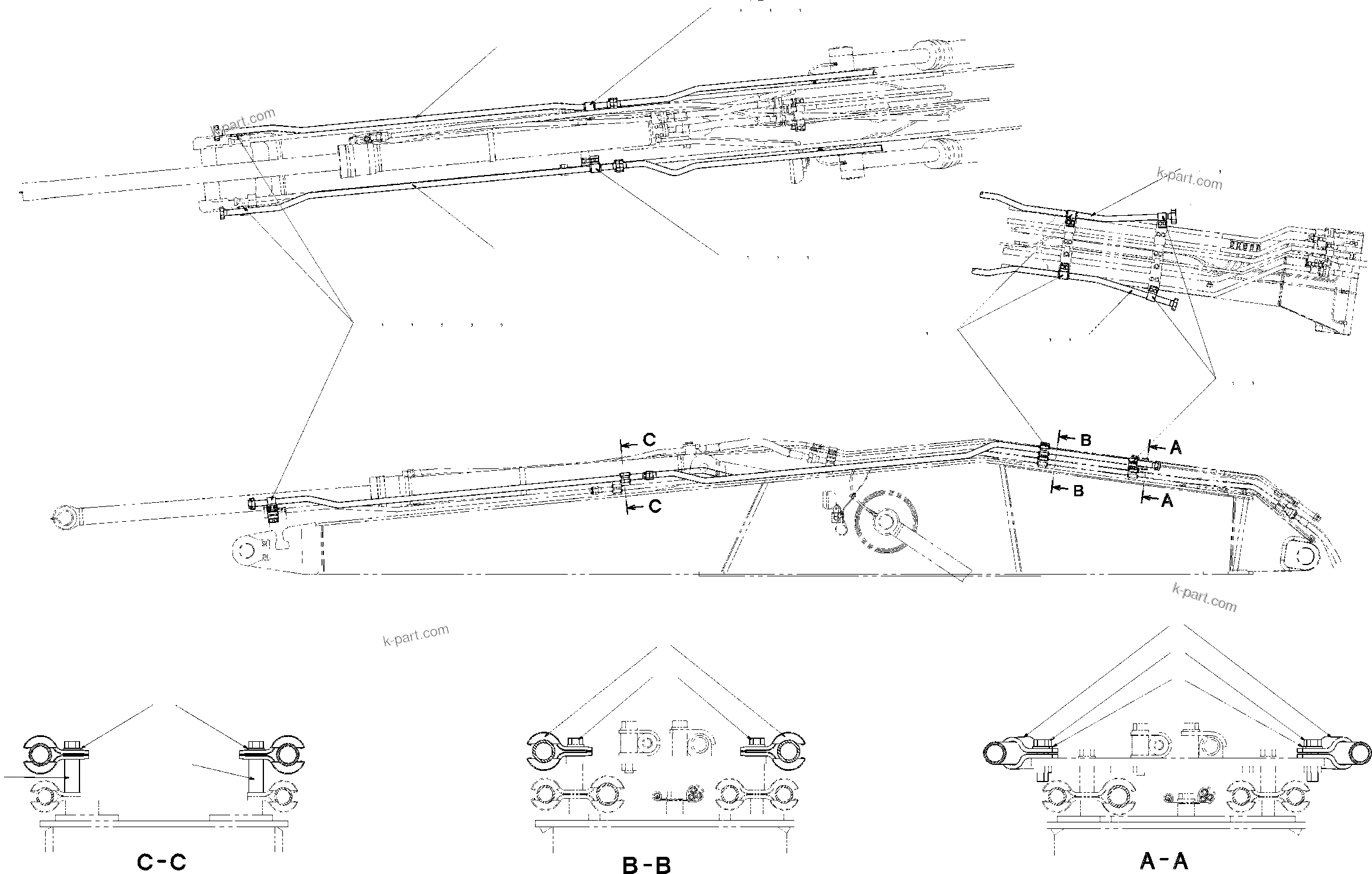 Komatsu parts book diagram for PC210LC/NLC-7K STRAIGHT BOOM S/N K40001-UP: STRT BOOM HCU A/B PIPING + ARM CYL S/V PIPING